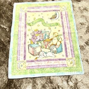 VTG Homemade Welcome to the world Baby Quilt Blanket with Animal Design 34x42